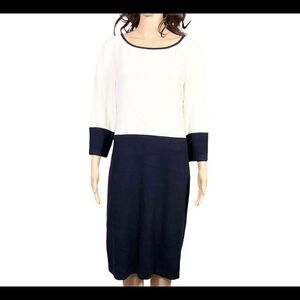 NEW St. John Collection Vintage Cream Navy Colorblock Santana Wool Midi Dress 12